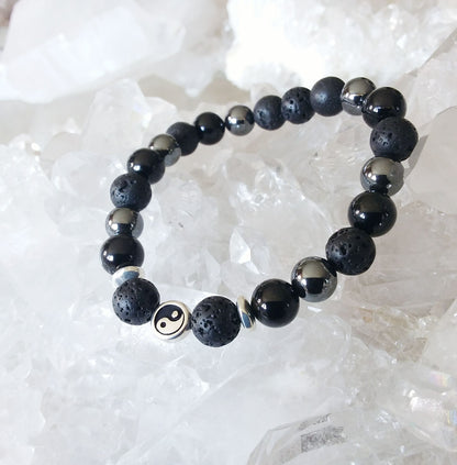 Lava Rock ~ Hematite ~ Black Tourmaline Stretch Bracelet with Yin Yang Symbol