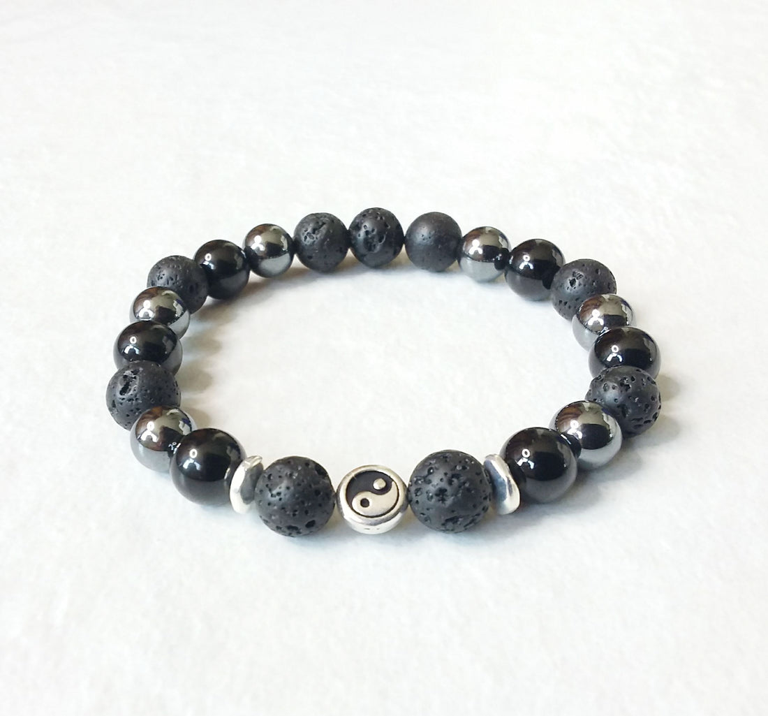 Lava Rock ~ Hematite ~ Black Tourmaline Stretch Bracelet with Yin Yang Symbol
