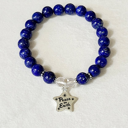 Lapis Lazuli Stretch Bracelet with   &quot;Peace on Earth&quot;