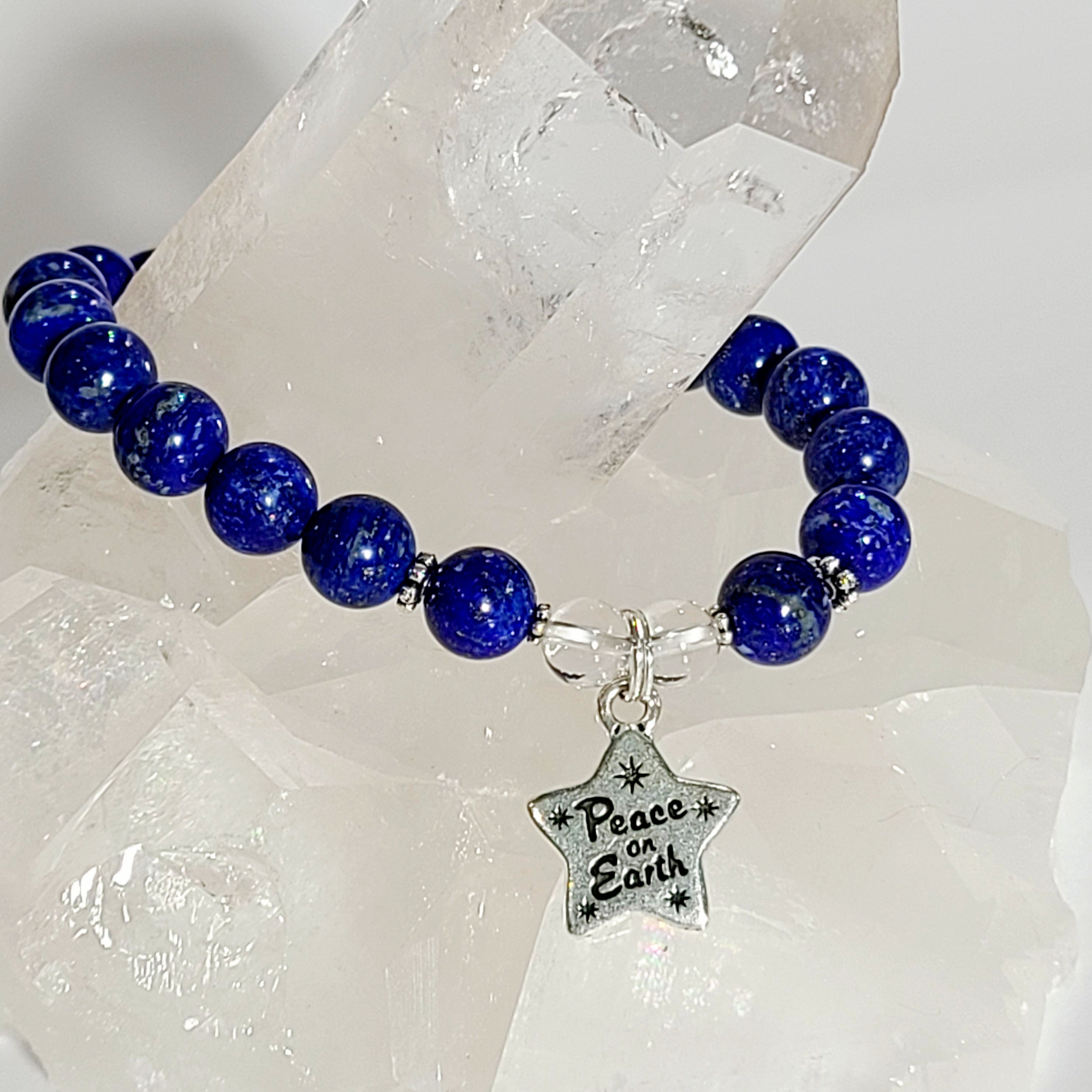 Lapis Lazuli Stretch Bracelet with   &quot;Peace on Earth&quot;