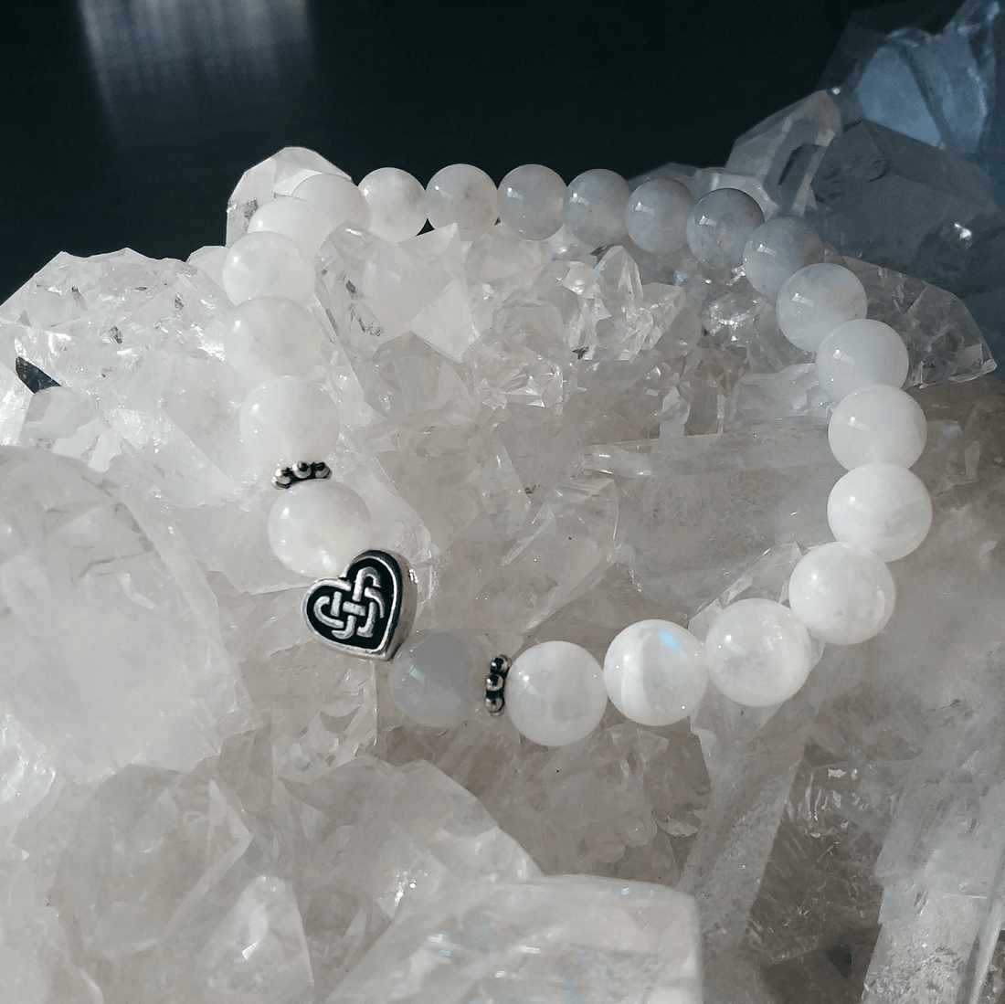 Rainbow Moonstone Stretch Bracelet with Celtic Heart