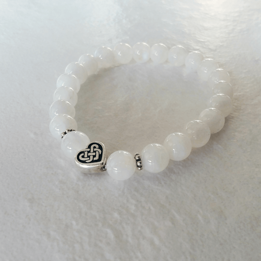 Rainbow Moonstone Stretch Bracelet with Celtic Heart