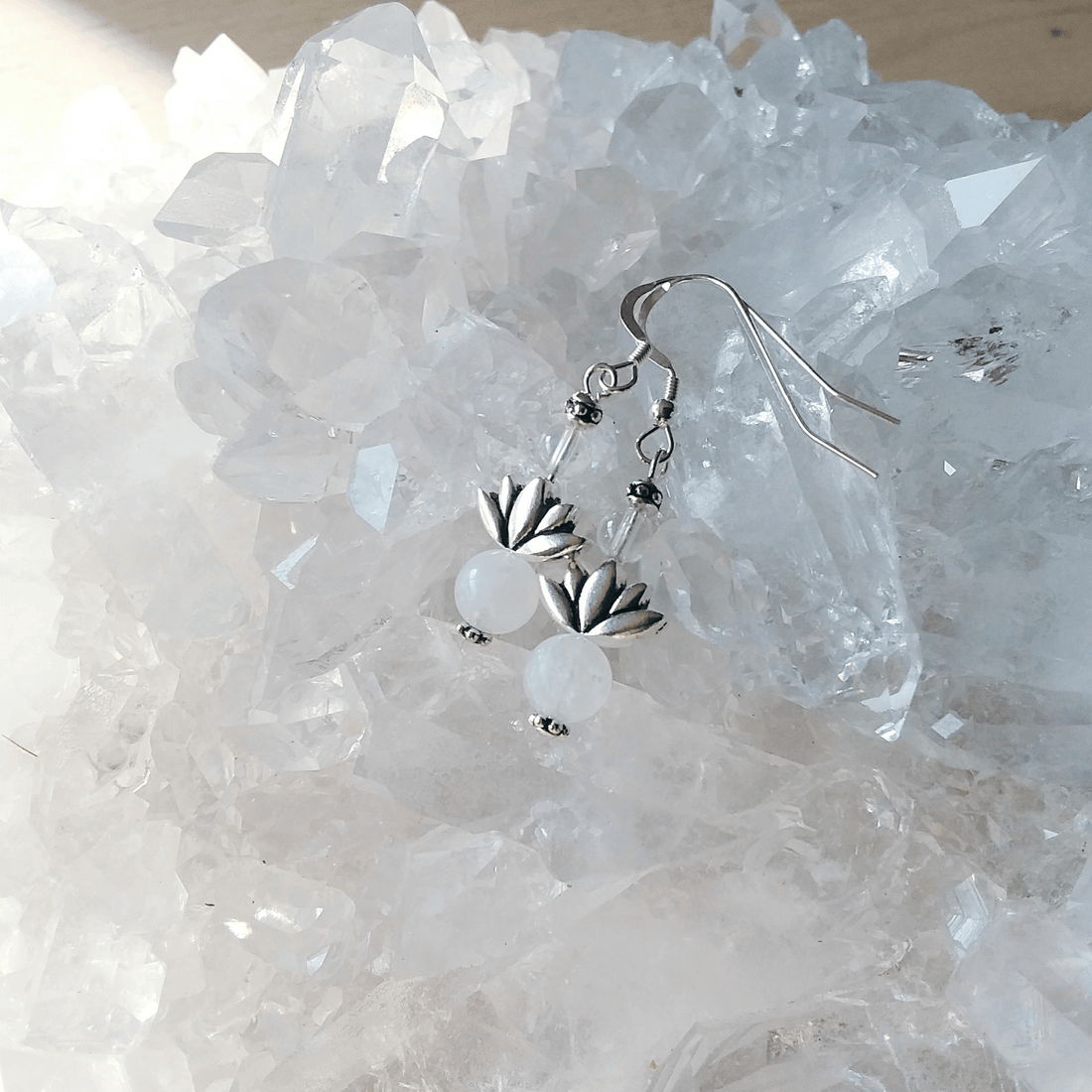 Rainbow Moonstone Earrings with Lotus Flowers