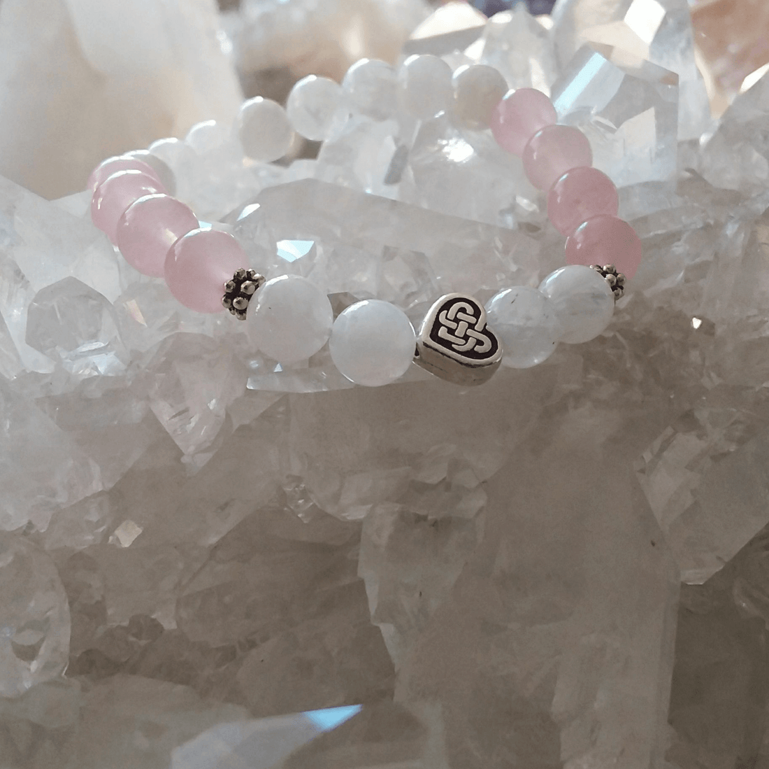 Rainbow Moonstone &amp; Rose Quartz Stretch Bracelet with Celtic Heart