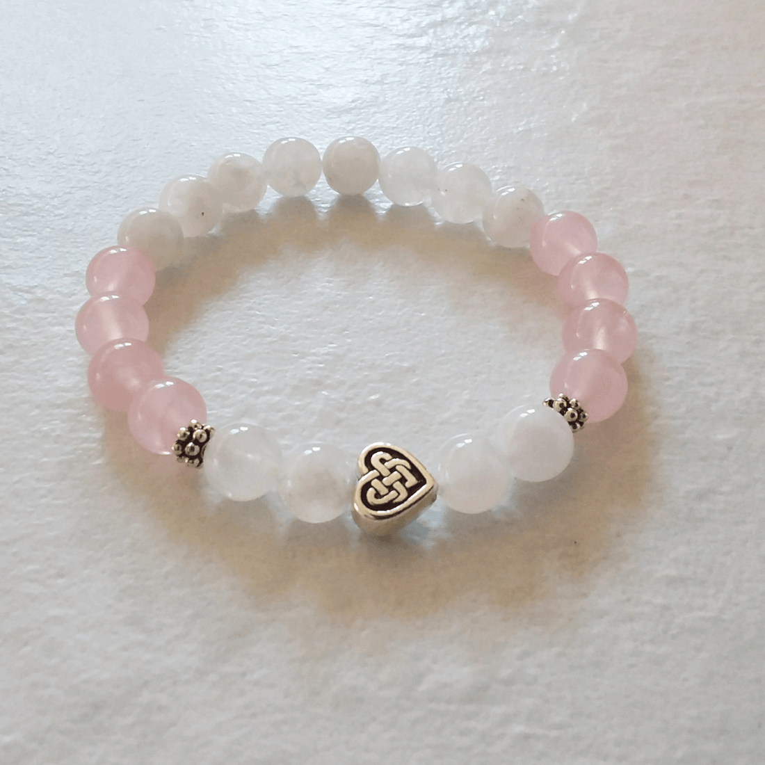 Rainbow Moonstone &amp; Rose Quartz Stretch Bracelet with Celtic Heart