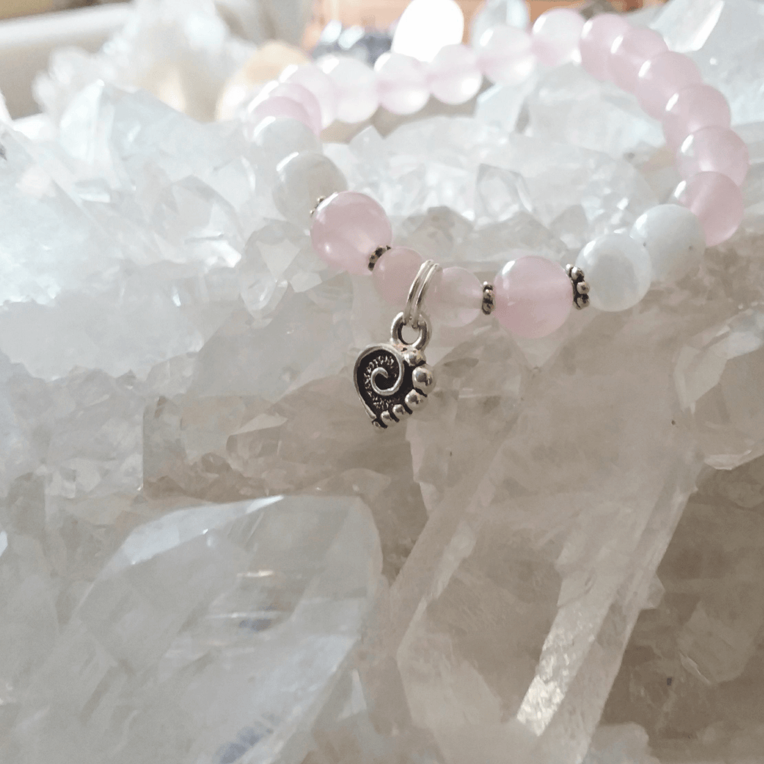 Rose Quartz & Rainbow Moonstone Stretch Bracelet with Spiral Heart