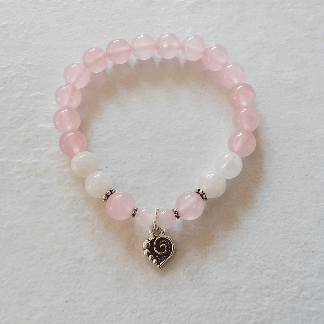 Rose Quartz & Rainbow Moonstone Stretch Bracelet with Spiral Heart