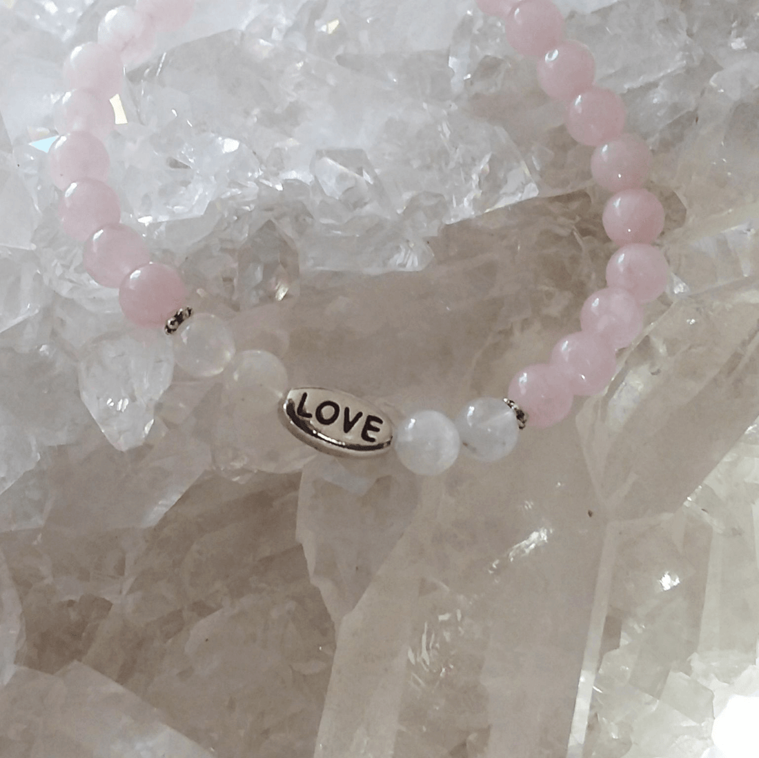 Rose Quartz & Rainbow Moonstone Stretch Bracelet with “Love”