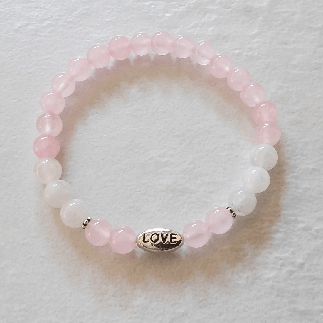 Rose Quartz &amp; Rainbow Moonstone Stretch Bracelet with “Love”