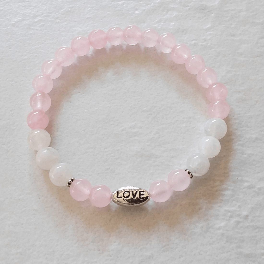 Rose Quartz & Rainbow Moonstone Stretch Bracelet with “Love”