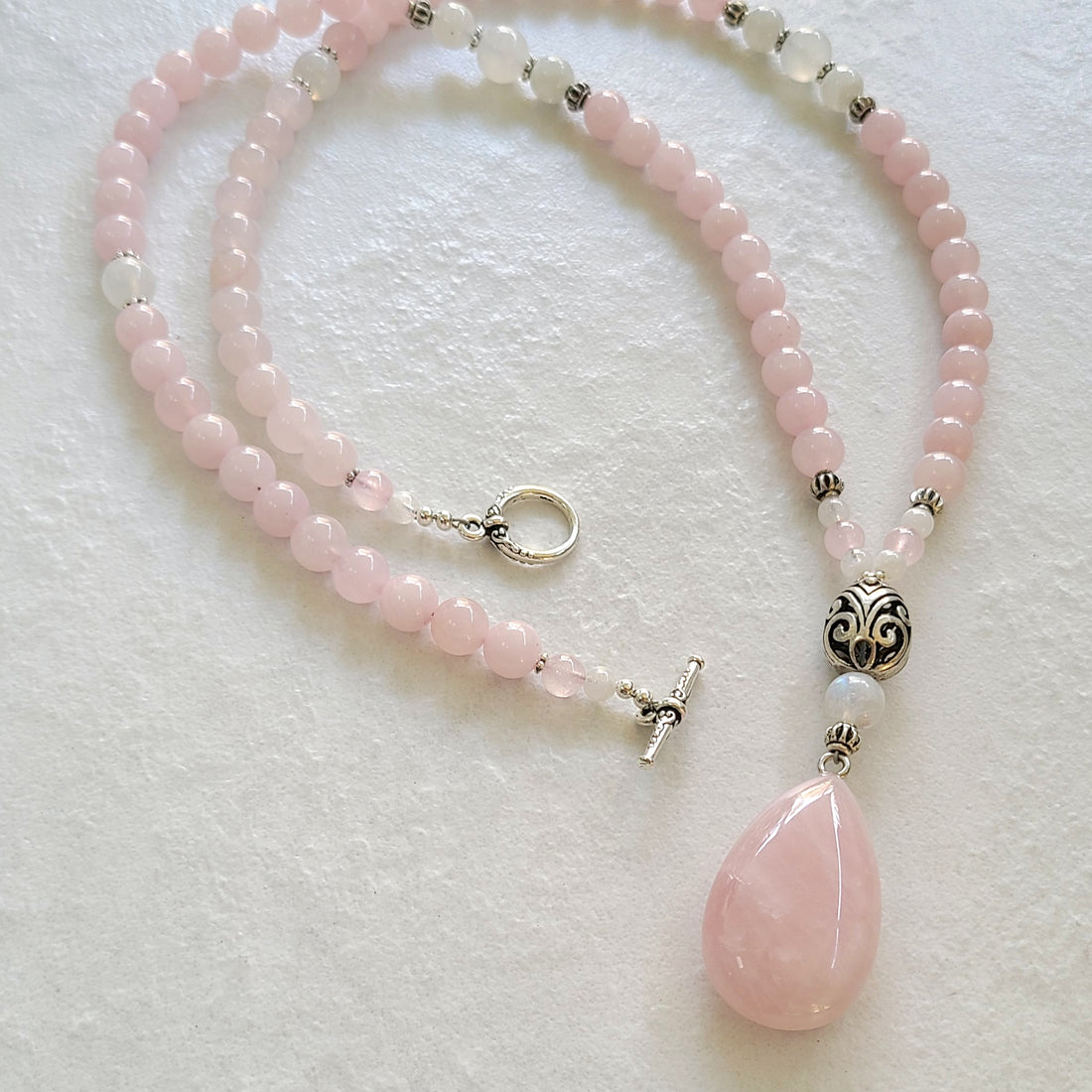 Rose Quartz and Rainbow Moonstone Long Mala Necklace